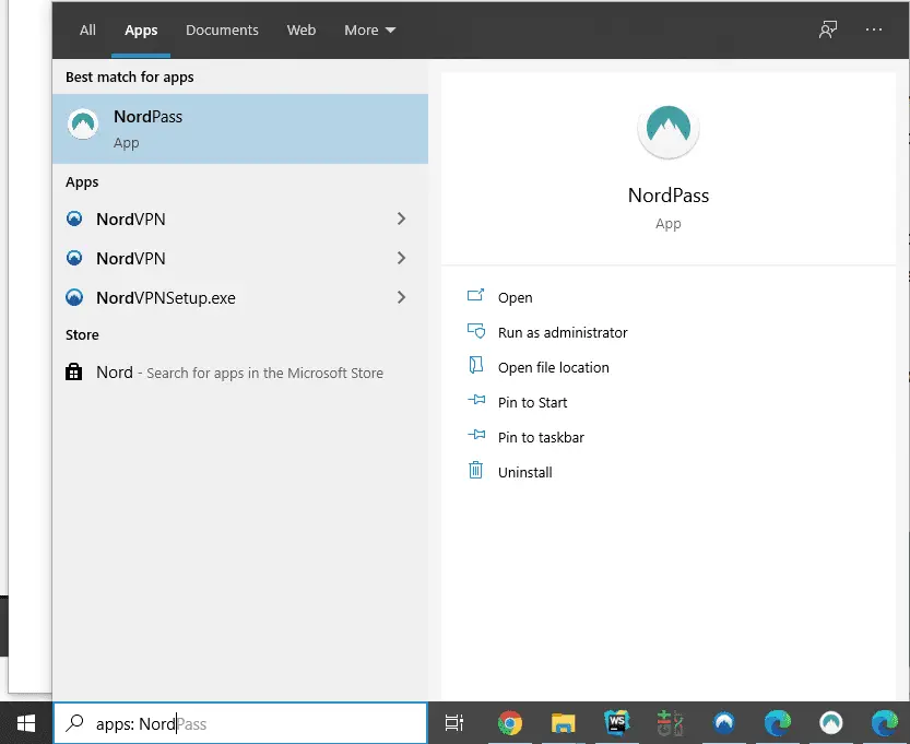 NordPass in the Windows installed apps list